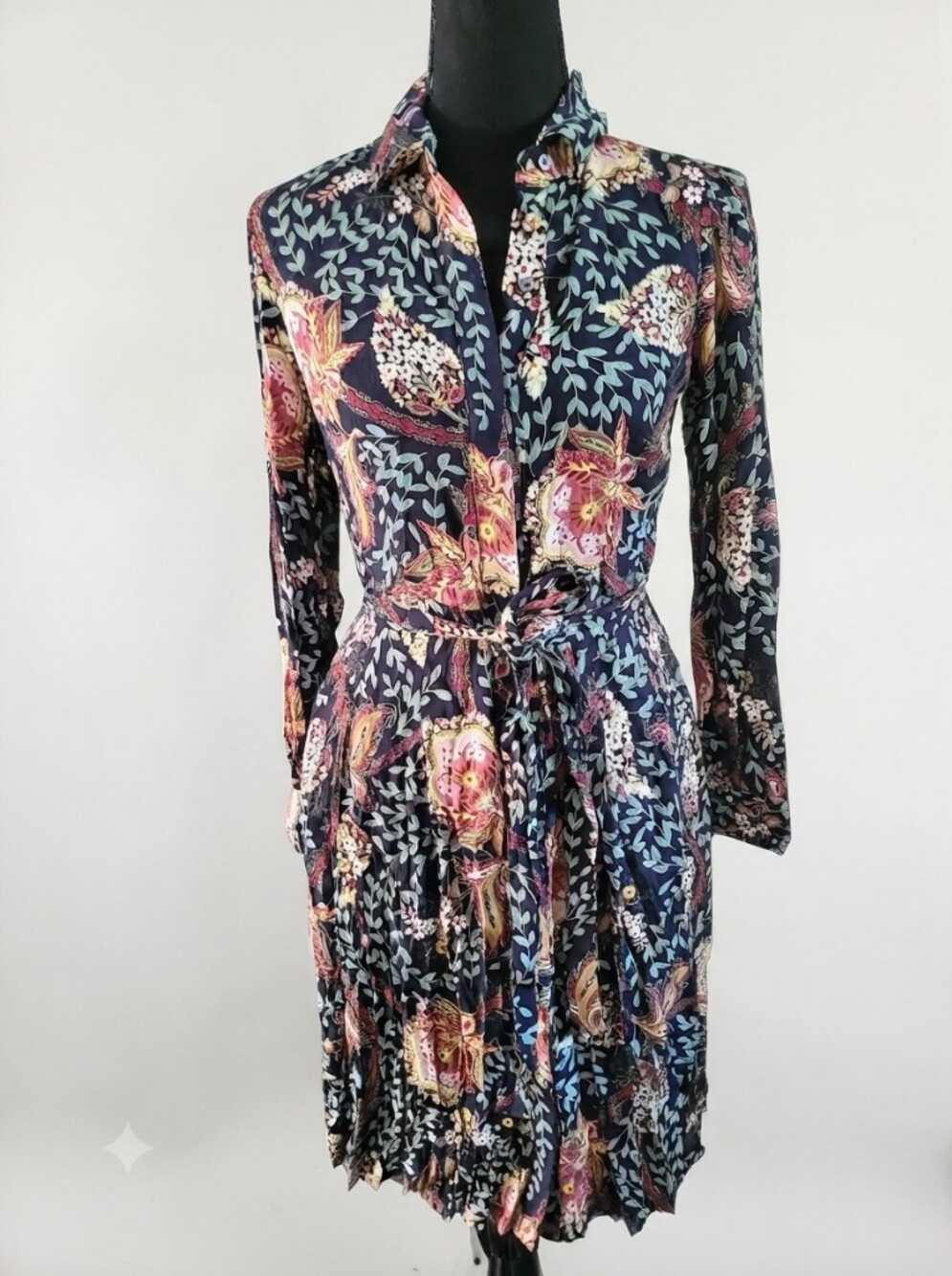 LOFT Navy Floral Shirt Dress with Pink, Gold and Green Accents